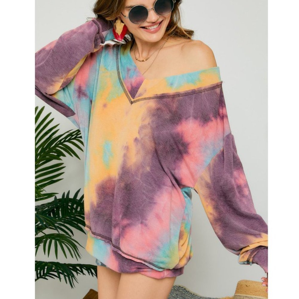 Tie Dye Oversized Big V-Neck Top - Picture 2 of 6
